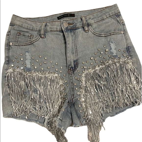 denim couture Pants - Denim couture sequin diamond fringe jean shorts